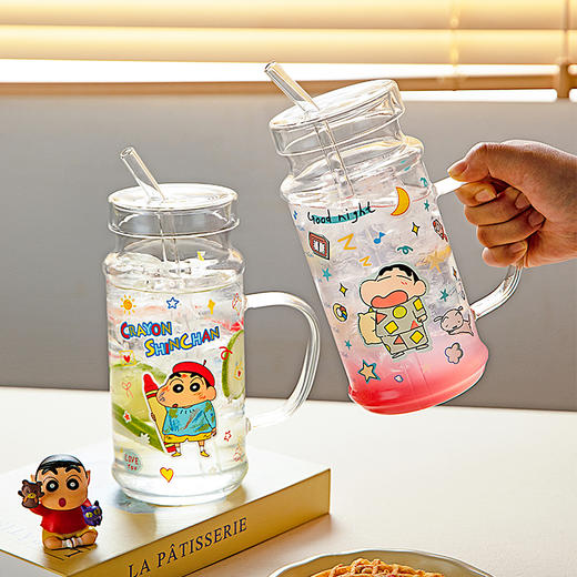摩登主妇&蜡笔小新高硼硅玻璃杯家用大容量水杯饮料吸管杯子 商品图3