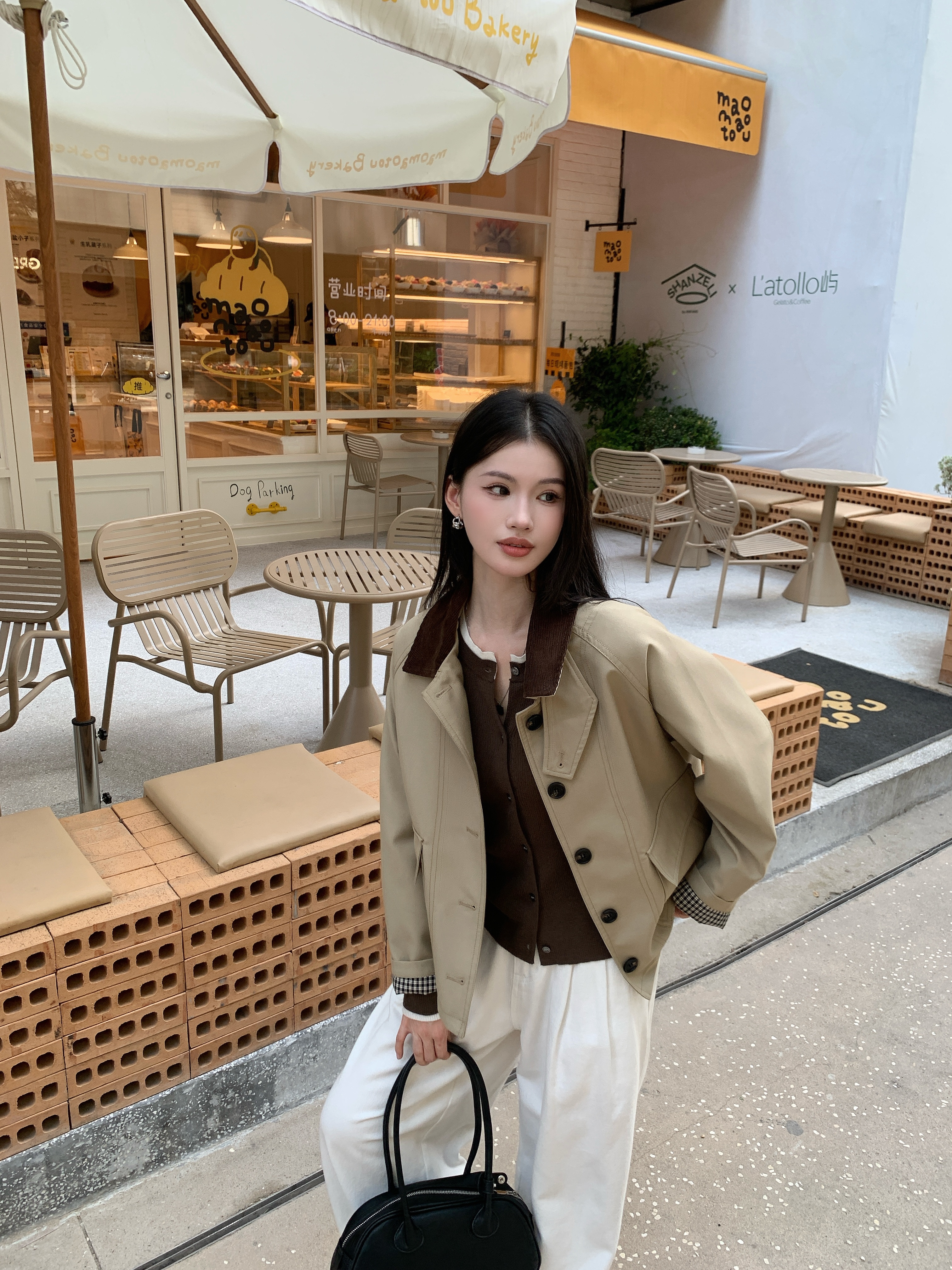 格桑米Gesamy美式巴恩风撞色领风衣