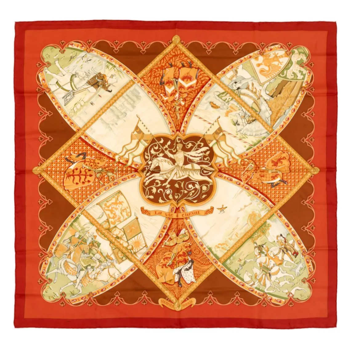 独角鹿西洋古董2001年法国爱马仕出品 Laurence Toutsy Bourthoumieux Thioune 设计《马上的生活》主题橙色款丝绸方巾