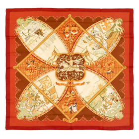 独角鹿西洋古董2001年法国爱马仕出品 Laurence Toutsy Bourthoumieux Thioune 设计《马上的生活》主题橙色款丝绸方巾