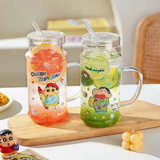 摩登主妇&蜡笔小新高硼硅玻璃杯家用大容量水杯饮料吸管杯子 商品图1
