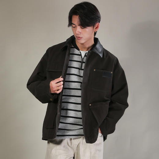 DRONKOO 2026 翻领领撞皮领前四口袋斜纹布巴恩风中厚夹克 商品图3