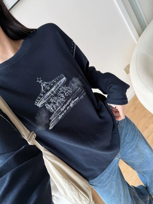 梦幻旋转木马Hip*sup针织雪花棉复古印花长袖T恤马 商品图9