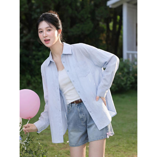 鹿向南「蓝语微风」蓝色休闲长袖衬衫外套女春季新款法式开衫上衣 商品图1