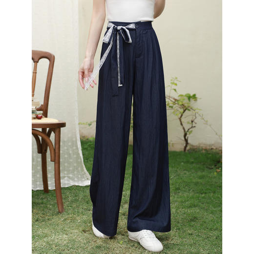 鹿向南「简约逸态」藏蓝色休闲裤女春季韩系慵懒风宽松阔腿长裤子 商品图0