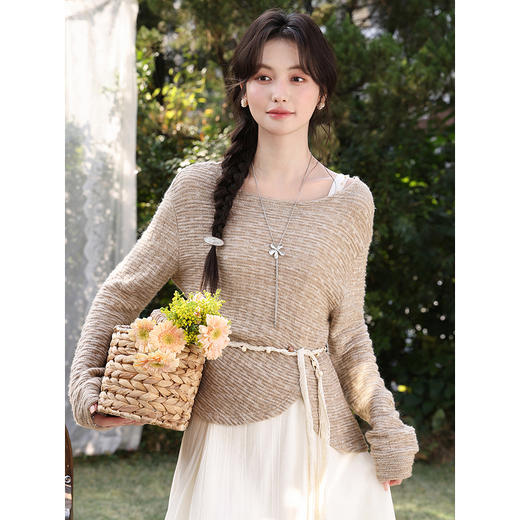 鹿向南「栀子油画」不规则无袖连衣裙女春季高腰度假杏色吊带裙 商品图3