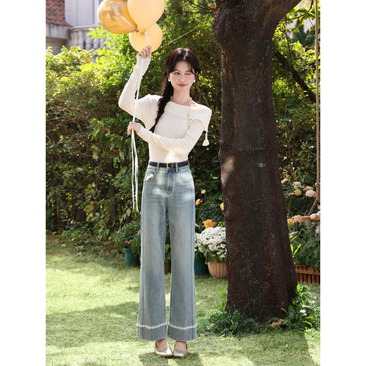 鹿向南「溪畔花曳」蓝色直筒牛仔裤春季新款时尚宽松阔腿长裤子女 商品图2