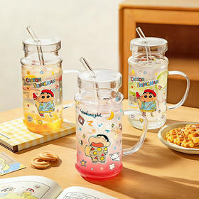 摩登主妇&蜡笔小新高硼硅玻璃杯家用大容量水杯饮料吸管杯子