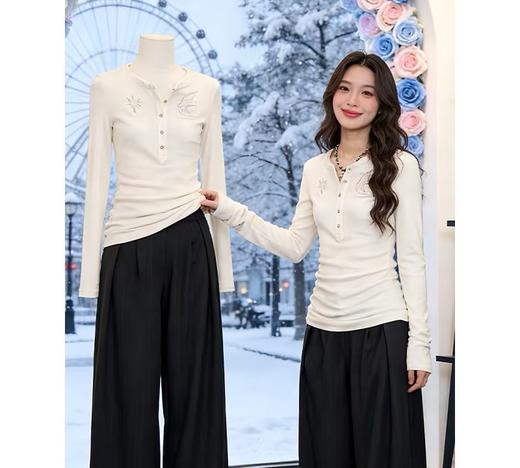 田曦薇谭松韵同款羽影星踪飞鸟刺绣修身长袖打底衫T 商品图6