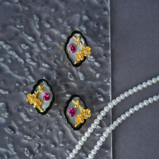 龢盒原创 春桃碧玺银镶耳钉戒指 商品图0