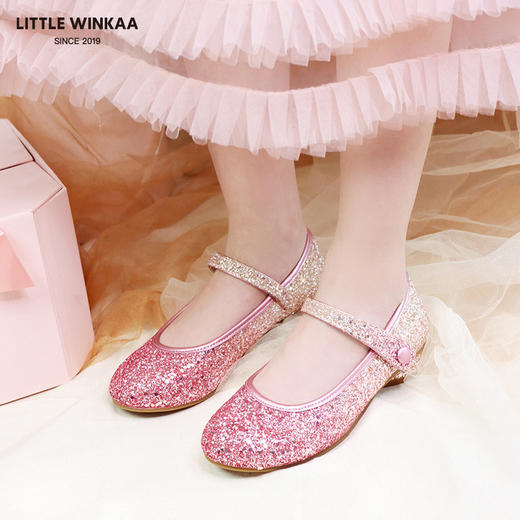 西班牙Little winkaa童鞋新款渐变格利特爱心跟闪亮水晶魔术贴公主鞋女PB23001 商品图2