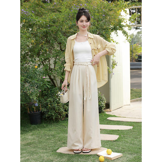 鹿向南「花朝梦夏」杏色高腰休闲裤春季新款时尚宽松阔腿长裤子女 商品图1