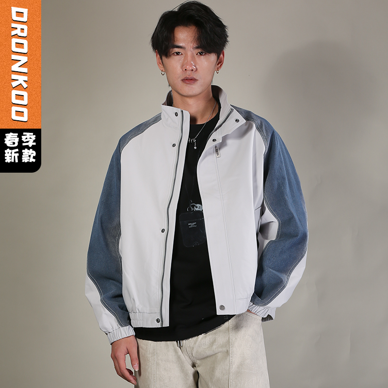 DRONKOO 2026 立领肩位袖子拼接牛仔下摆橡筋中厚夹克