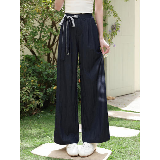 鹿向南「简约逸态」藏蓝色休闲裤女春季韩系慵懒风宽松阔腿长裤子 商品图1