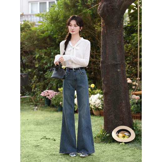 鹿向南「星光丹宁」复古蓝色微喇牛仔裤女春气质高腰显瘦烫钻长裤 商品图2