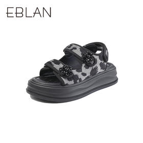 伊伴2026夏季潮酷豹纹珠花时尚增高魔术贴凉鞋B26371501