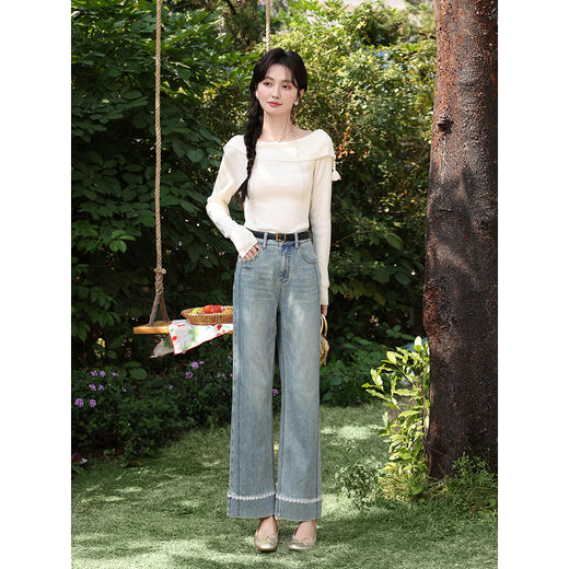 鹿向南「溪畔花曳」蓝色直筒牛仔裤春季新款时尚宽松阔腿长裤子女 商品图1