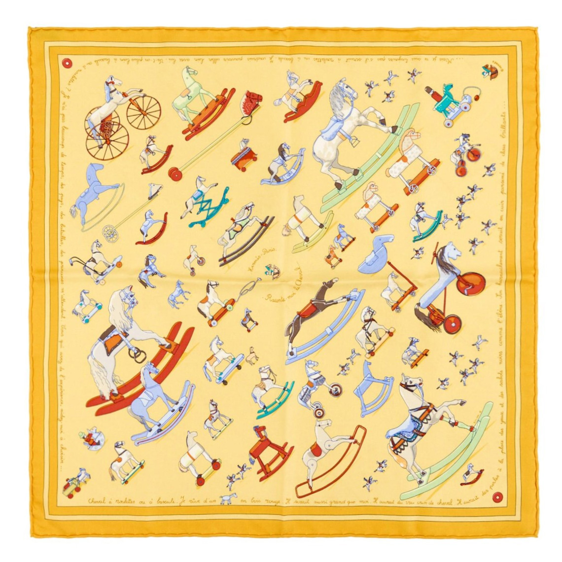 【已售】独角鹿西洋古董1999年法国爱马仕出品Dimitri Rybaltchenko设计《请给我讲讲马的故事》主题黄色款丝绸方巾