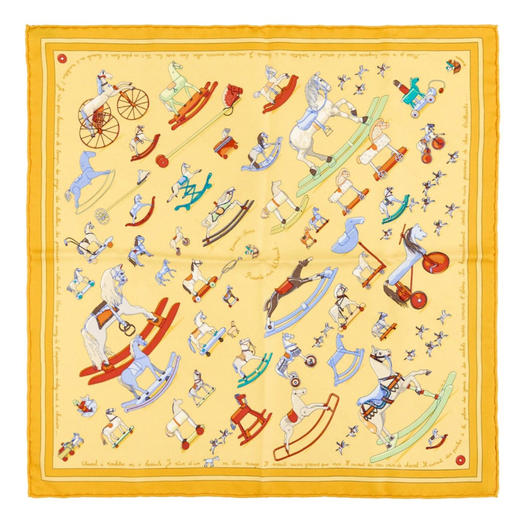 【已售】独角鹿西洋古董1999年法国爱马仕出品Dimitri Rybaltchenko设计《请给我讲讲马的故事》主题黄色款丝绸方巾 商品图0