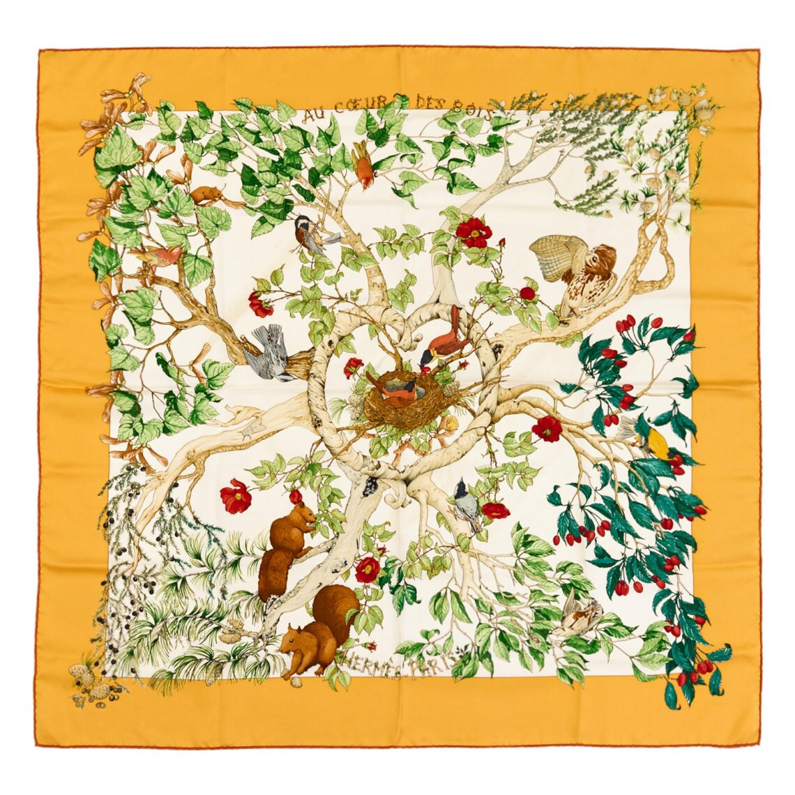 独角鹿西洋古董1998年法国爱马仕出品 Zoe Pauwels 设计《林间深处》主题黄色款丝绸方巾