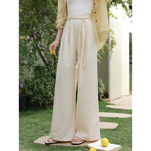 鹿向南「花朝梦夏」杏色高腰休闲裤春季新款时尚宽松阔腿长裤子女 商品图0