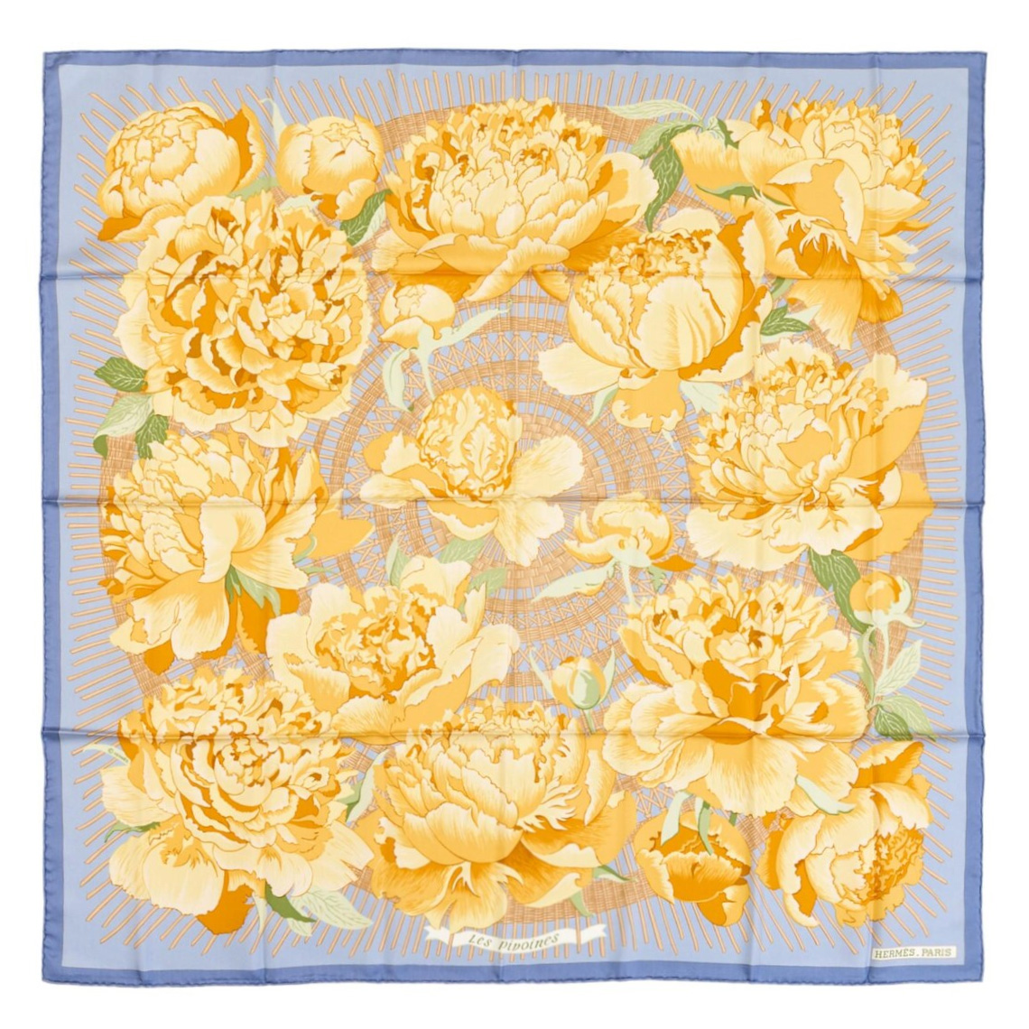 独角鹿西洋古董1978年法国爱马仕 出品Christiane Vauzelles设计《牡丹》主题蓝色款丝绸方巾