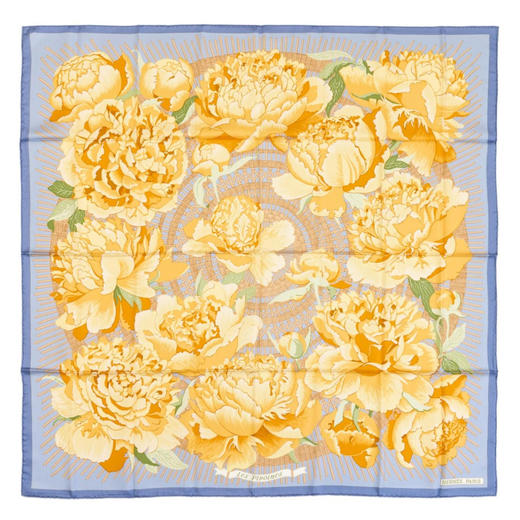 独角鹿西洋古董1978年法国爱马仕 出品Christiane Vauzelles设计《牡丹》主题蓝色款丝绸方巾 商品图0