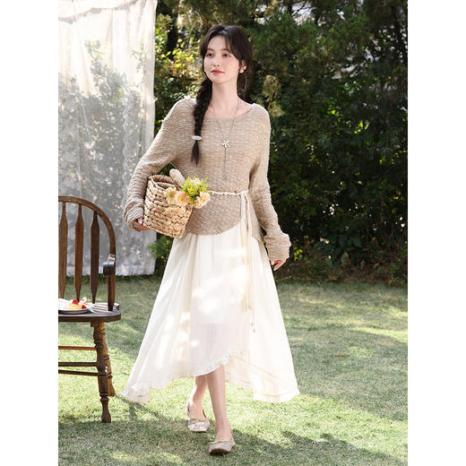 鹿向南「栀子油画」不规则无袖连衣裙女春季高腰度假杏色吊带裙 商品图2