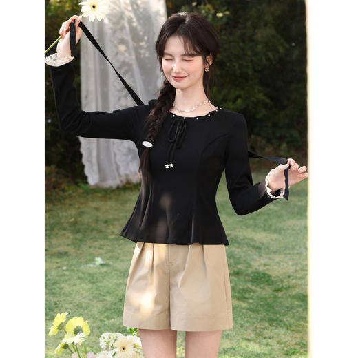 鹿向南「半岛弥香」黑色蝴蝶结T恤长袖女春季收腰显瘦高级感上衣 商品图2