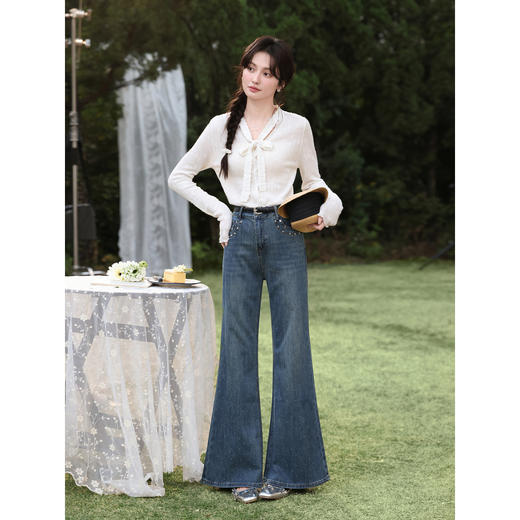 鹿向南「星光丹宁」复古蓝色微喇牛仔裤女春气质高腰显瘦烫钻长裤 商品图3