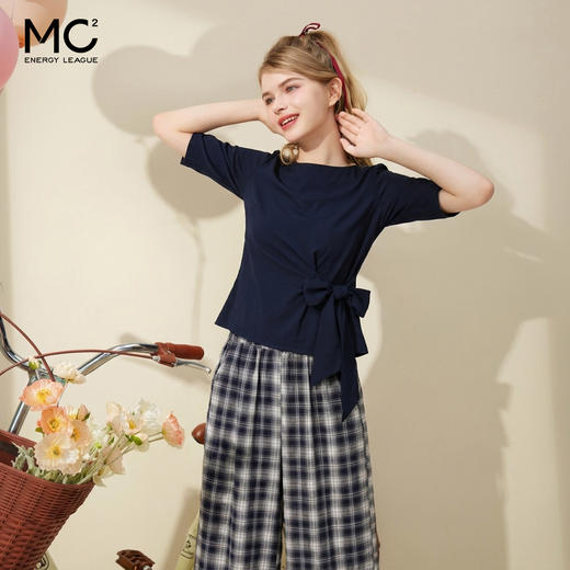 女装一字领T恤T恤配格子阔腿裤-7021S5231009 商品图1