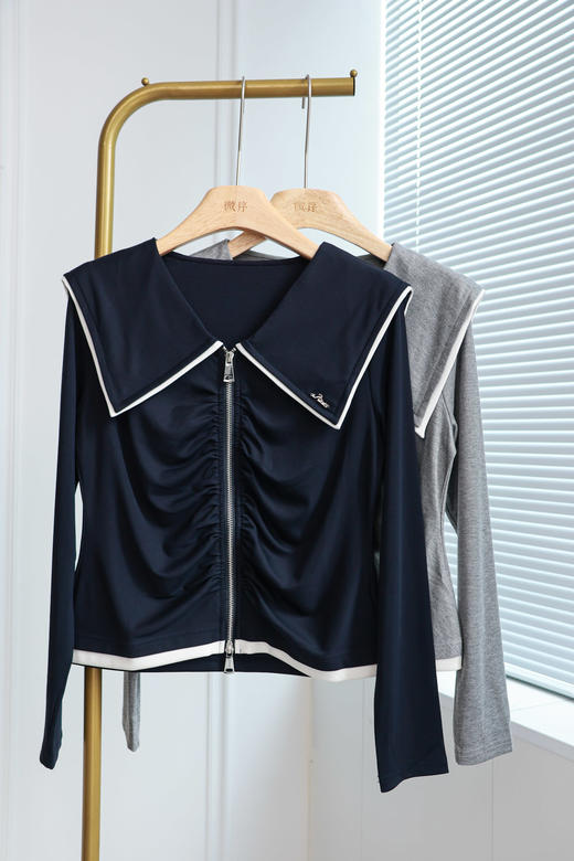 航海少女|海军领拉链褶皱开衫上衣 商品图1