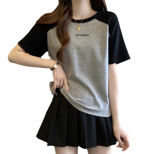 【甜酷显瘦百搭款❗️撞色抽绳插肩T恤】复古黑拼莫兰迪灰，视觉显瘦不挑肩宽，弱化溜肩 / 圆肩，自带韩系简约氛围感，软糯透气不闷汗，插肩袖剪裁活动无束缚，显瘦休闲正肩撞色抽绳上衣外穿女L 商品图4