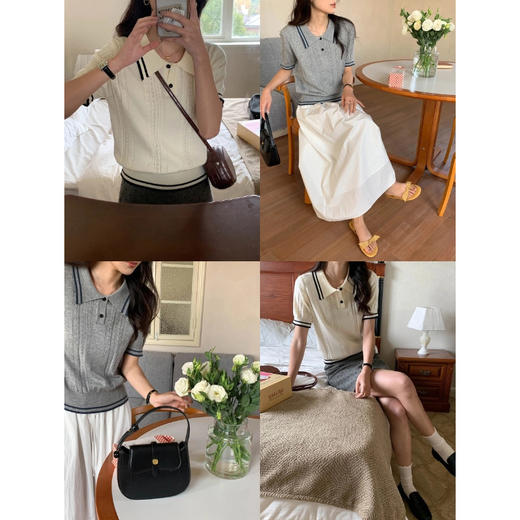 【复古学院风❗️撞色条纹Polo针织衫】自带学院风滤镜，减龄又显气质，适配各种肤色和穿搭风格，细腻柔软的针织材质，贴身穿不扎皮肤，久穿不易变形，春夏新款短袖针织衫L 商品图2