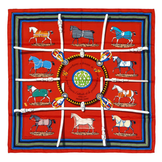 独角鹿西洋古董1974年法国爱马仕出品Jacques Eudel 设计《马毯与晨前装》主题红色款丝绸方巾 商品图0