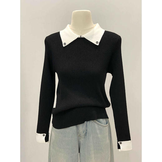 【翻领针织毛衣】春秋季层次感气质小香风 chic撞色修身打底衫上衣 商品图0