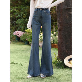 鹿向南「星光丹宁」复古蓝色微喇牛仔裤女春气质高腰显瘦烫钻长裤