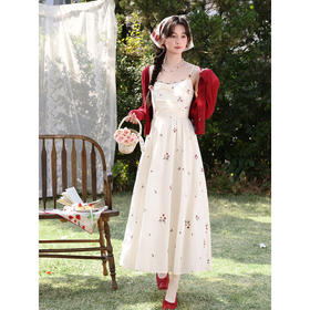 鹿向南「清新花语」红色法式长袖毛针织衫女春季新款短款开衫上衣