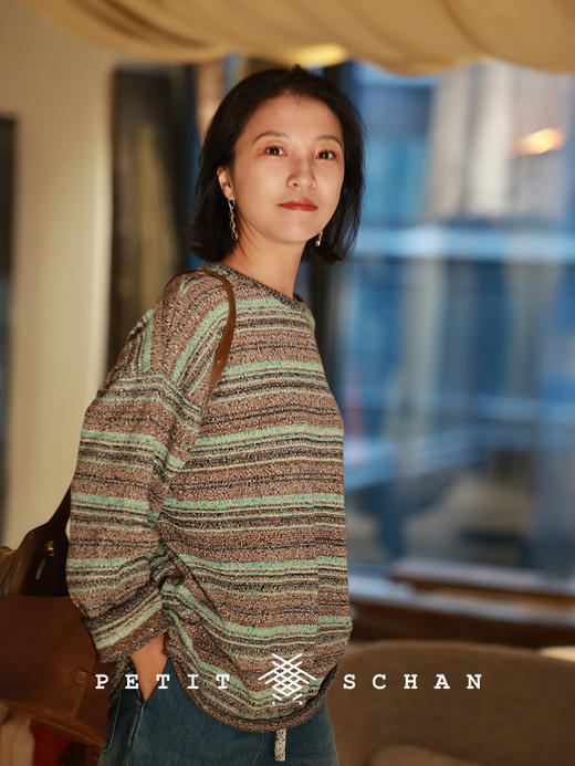 Petit Schan小闪 CLO#1057 Ink River South 水墨江南 棉麻条纹花纱长袖套头衫 商品图3