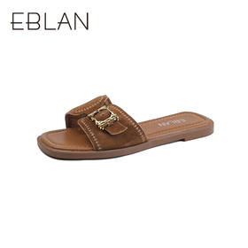 伊伴2026夏假日田园风细腻绒面羊皮革金属扣平底凉拖鞋B26360511