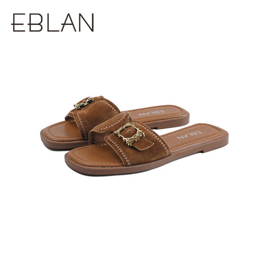 伊伴2026夏假日田园风细腻绒面羊皮革金属扣平底凉拖鞋B26360511 商品图4