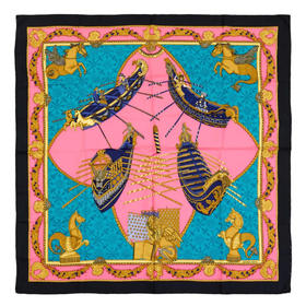 独角鹿西洋古董1988年法国爱马仕出品 Annie Faivre 设计《威尼斯游行龙舟》主题黑色款丝绸方巾