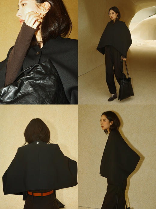 HIDEMI 设计感纯色两穿披肩披风斗篷外套 商品图3