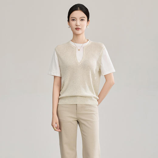 「高货wl」全新升级【铂金会员211/天猫279/差价68】(04147)洛诗琳气质天丝亚麻纱假两件T恤2026春季新款简约针织上衣 商品图1