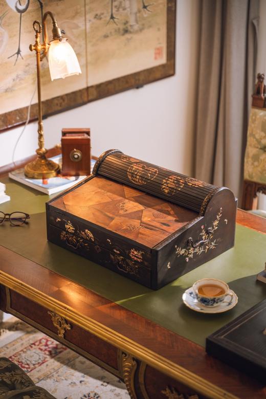 独角鹿西洋古董19世纪日本明治时期出品寄木细工莳绘卷帘写字盒 商品图2