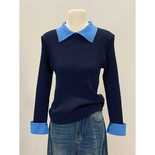 【翻领针织毛衣】春秋季层次感气质小香风 chic撞色修身打底衫上衣 商品图2