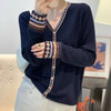 费尔岛提花~民族风v领拼色条纹长袖针织毛衣开衫 商品缩略图4