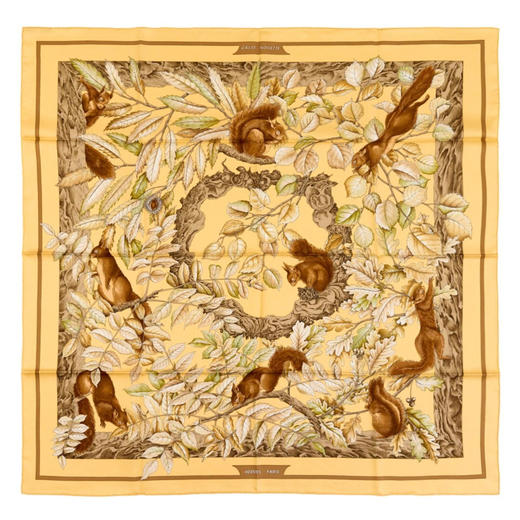 独角鹿西洋古董1997年法国爱马仕出品 Antoine de Jacquelot 设计《胡桃夹子》主题黄色款丝绸方巾 商品图0