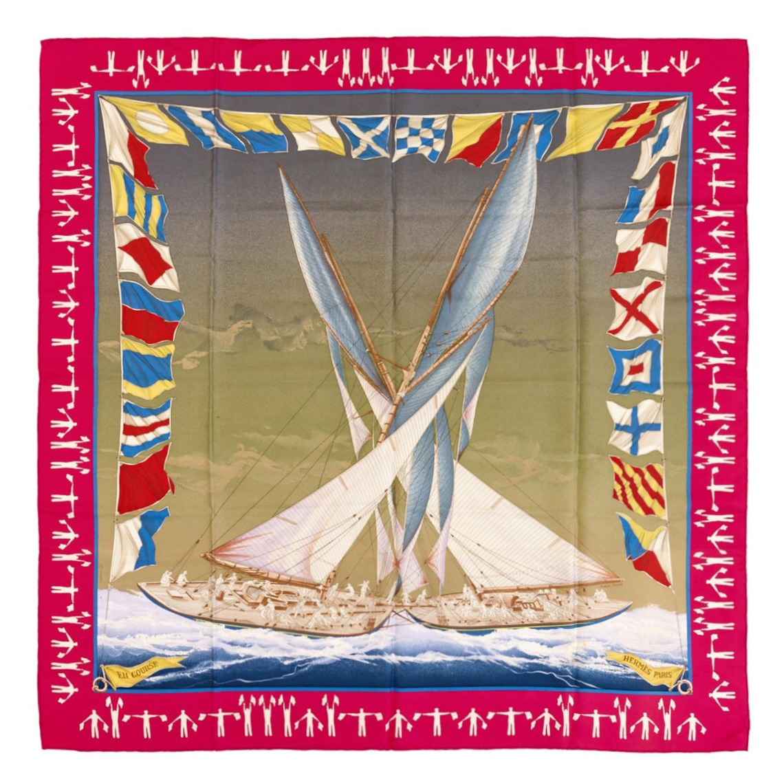 独角鹿西洋古董1990年法国爱马仕出品 Yvan de Limur 设计《航行中》主题粉色款丝绸方巾