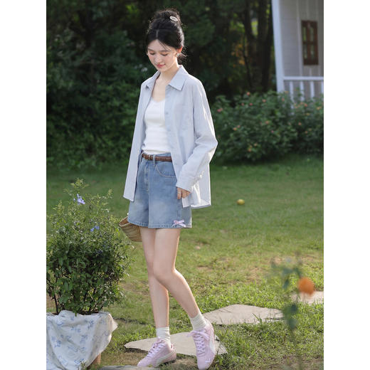 鹿向南「蓝语微风」蓝色休闲长袖衬衫外套女春季新款法式开衫上衣 商品图2